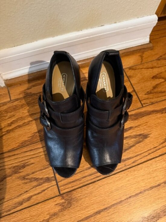 Coach Shoes - Coach Black Leather Peep Toe Buckle Heels Pumps, Size 8.5